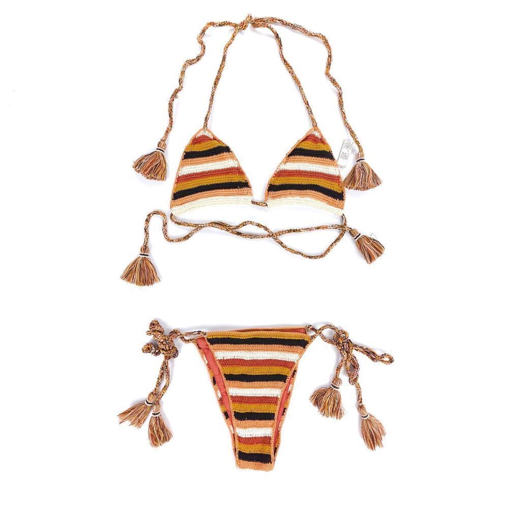 NEW Maaji Burgundy Barcode Balty Bikini Top Sunshiny Bottom Crochet Knit Set